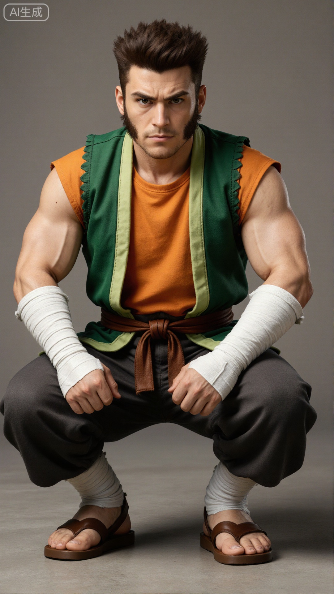 人物特征：1 man,Burke, solo,cool, brown eyes, full body, squatting. Orange sleeveless, short shirt with a green-trimmed vest; white bandages wrapped around both arms, wearing brown leather handguards; dark gray lantern pants with a brown belt; brown sandals on feet, white bandages wrapped around ankles.