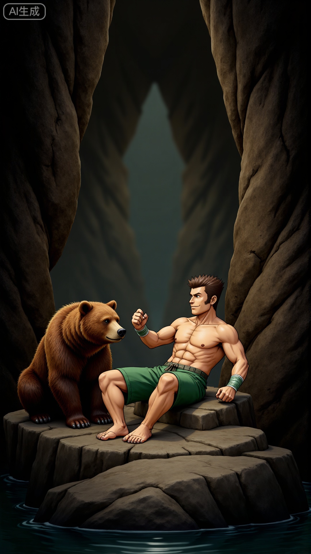 There was a glimmer of light in the depths of the cave, and water droplets were seeping on the wet rock walls. Burke sat on a flat rock, naked, with wheat-colored skin shining healthy in the dark light, and the muscle lines of his shoulders and arms rose and fell gently with his breath. As soon as he loosened the strip of cloth loosened to his wrist, he was itchy when the bear snoring from behind him, and he couldn't help laughing out loud.
 
The brown bear gently pulled his back with its thick claws, then arched his big head into his arms, and swept his furry ears across his neck. Burke reached out and grabbed the bear's jaw and deliberately pushed it to the side, but the bear wrapped its forefoot around and pressed it on the stone. He smiled and struggled, scratching the bear's chin with his fingertips: "Don't make a fuss, I'll just take a break... Oh! Your hair rubbed all over me!"
 
The bear seemed to understand, but he rubbed his cheeks hard on his side. His wet nose made him tilt his head to avoid it. The cave was filled with his laughter and scolding and the deep snoring of the bear. The rock wall folded these sounds back, mixed with the sound of dripping water in the distance, and became the excitement that belonged to here alone.