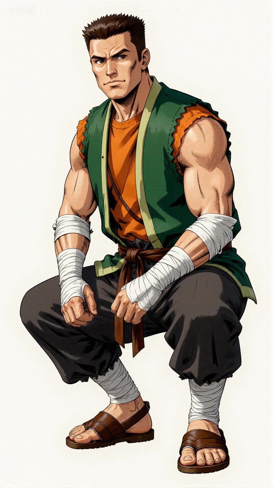 人物特征：1 man,Burke, solo,cool, brown eyes, full body, squatting. Orange sleeveless, short shirt with a green-trimmed vest; white bandages wrapped around both arms, wearing brown leather handguards; dark gray lantern pants with a brown belt; brown sandals on feet, white bandages wrapped around ankles.
COMIC.