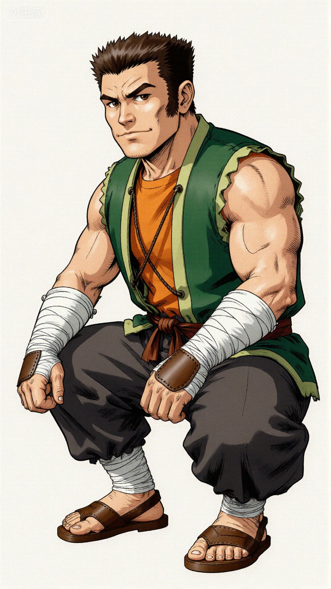 人物特征：1 man,Burke, solo,cool, brown eyes, full body, squatting. Orange sleeveless, short shirt with a green-trimmed vest; white bandages wrapped around both arms, wearing brown leather handguards; dark gray lantern pants with a brown belt; brown sandals on feet, white bandages wrapped around ankles.
COMIC.