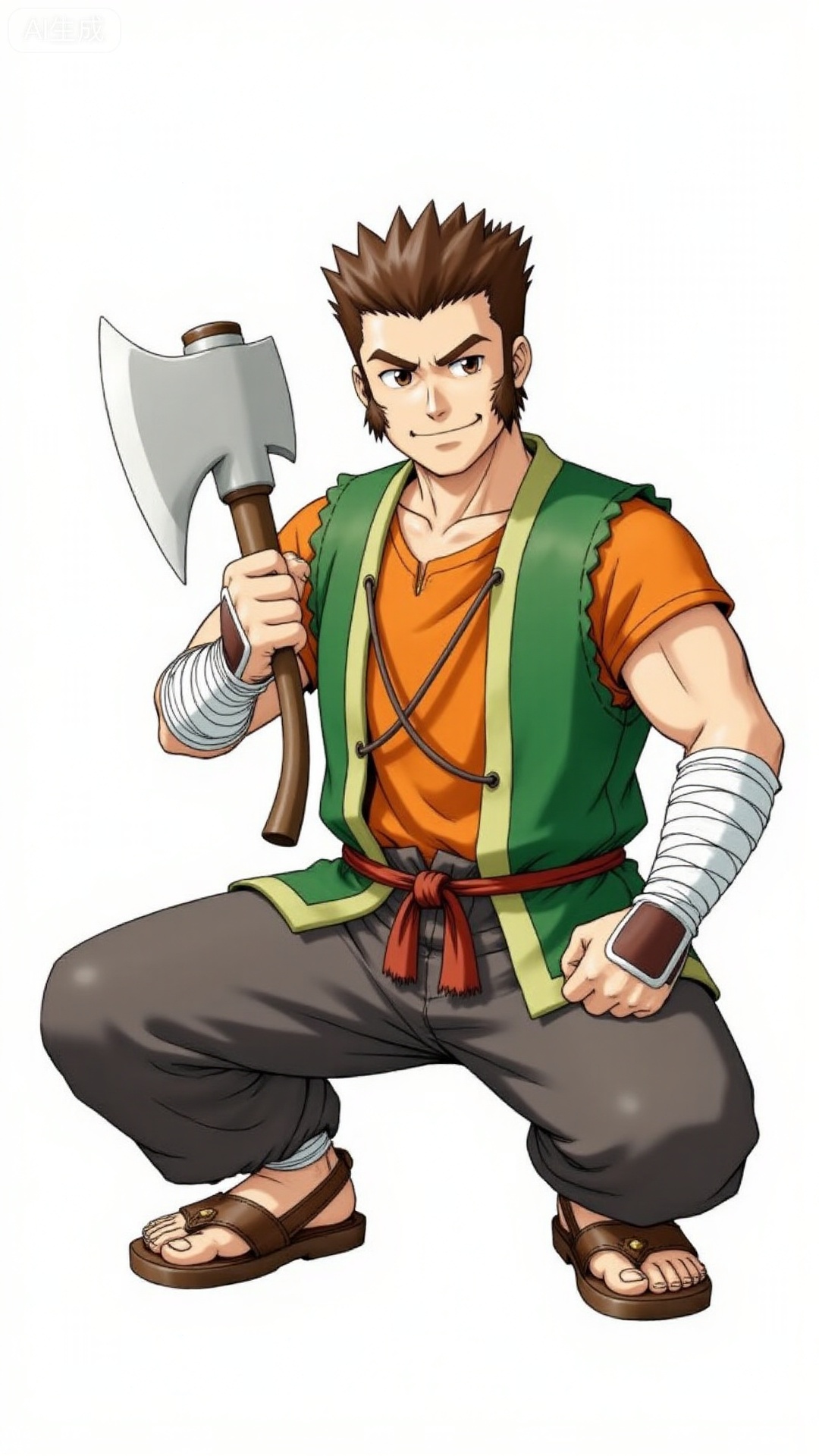 1 man (Burke), solo, with a smile, brown eyes, full body, holding a weapon (axe), squatting.
Orange sleeveless short shirt with a green-trimmed vest; white bandages wrapped around both arms, wearing brown leather handguards; dark gray lantern pants with a brown belt; brown sandals on feet, white bandages wrapped around ankles.