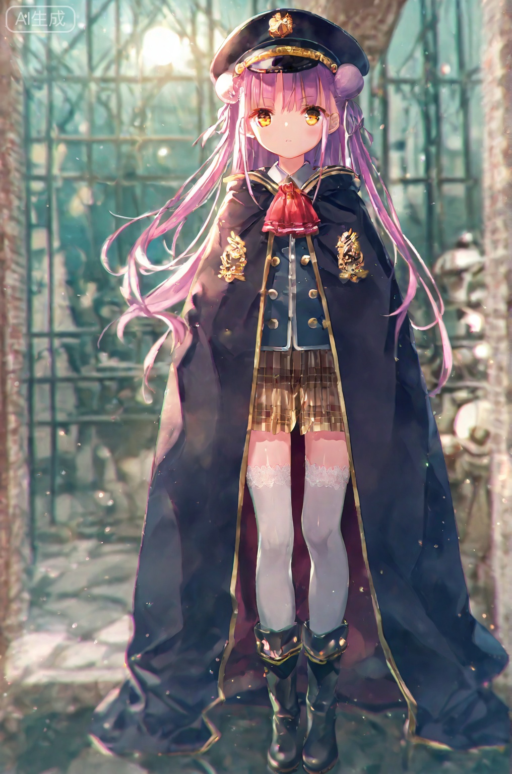 1girl, solo, long hair, looking at viewer, skirt, thighhighs, hat, very long hair, standing, full body, pink hair, purple hair, boots, yellow eyes, hair bun, cape, white thighhighs, ascot, double bun, plaid skirt, peaked cap, green background,masterpiece,best quality,high quality,loli,chromatic_aberration,Light pink Theme,// artist:tinker_ bell, artist:konya_karasue, artist:ciloranko, artist:chen bin, artist:tianliang_duohe_fangdongye, artist:toosaka_asagi,(artist:wlop:0.8),//,official art,depth of field,detailed light,blurry background,cinematic lighting,ray tracing,amazing quality,very aesthetic,absurdres,beast quality,ultra detailed,god rays,backlighting,photo background,film grain,chromatic aberration,volumetric lighting,depth of field,blurry background,shiny skin,floating hair,cinematic lighting,day,very aesthetic,
