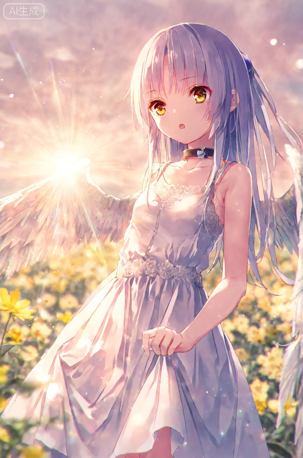 1girl, solo, long hair, open mouth, bangs, dress, bare shoulders, jewelry, yellow eyes, flower, wings, sleeveless, clothes lift, white dress, :o, collar, feathered wings, angel wings, yellow flower, skirt hold, white wings, tachibana kanade,masterpiece,best quality,high quality,loli,chromatic_aberration,Light pink Theme,// artist:tinker_ bell, artist:konya_karasue, artist:ciloranko, artist:chen bin, artist:tianliang_duohe_fangdongye, artist:toosaka_asagi,(artist:wlop:0.8),//,official art,depth of field,detailed light,blurry background,cinematic lighting,ray tracing,amazing quality,very aesthetic,absurdres,beast quality,ultra detailed,god rays,backlighting,photo background,film grain,chromatic aberration,volumetric lighting,depth of field,blurry background,shiny skin,floating hair,cinematic lighting,day,very aesthetic,