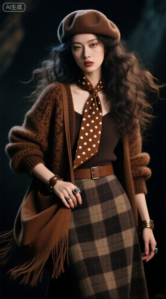 大师级制作,魔幻风,抽象风,朦胧感,不规则长发,厌世脸,细长的眼睛,微卷凌乱的头发,戒指,手镯,高挑,细节处理,高品质,画质清晰,高冷,慵懒,意识流,意境,超高清,氛围,精致的五官,打光。暗黑穿搭。 随机动作, 毛呢帽子, 棕色花纹毛衣开衫,波点棕色丝巾,棕色腰封,斜纹格子毛呢长裙,流苏单肩布包,棕色系穿搭,卷发美女