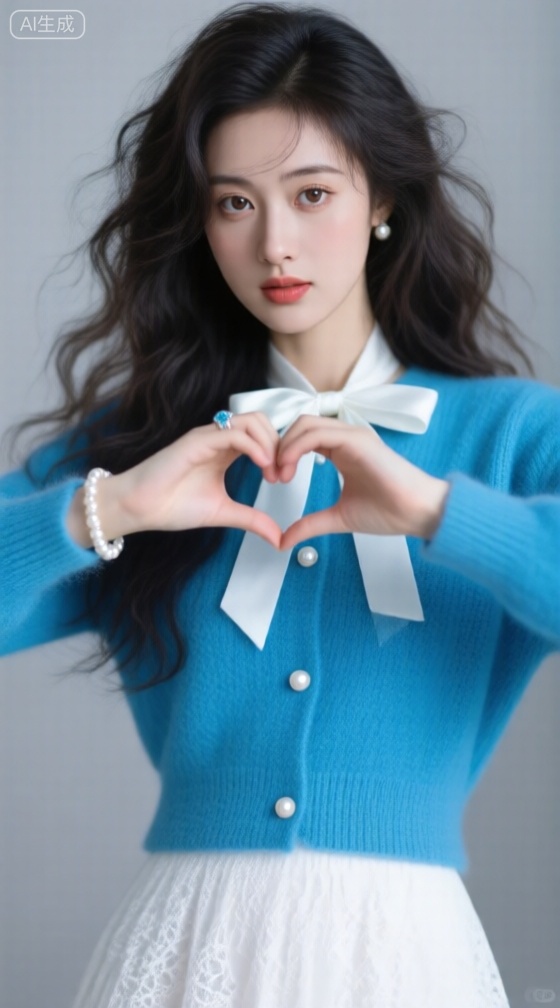 大师级制作,朦胧感,不规则长发,细长的眼睛,微卷凌乱的头发,戒指,高挑,细节处理,高品质,画质清晰,高冷,慵懒,意识流,意境,超高清,氛围,精致的五官,打光。 随机动作,珍珠手链宝石蓝毛衣,珍珠纽扣,白色百搭蕾丝裙,长发,白色丝巾蝴蝶结,美女,比心,可爱甜美