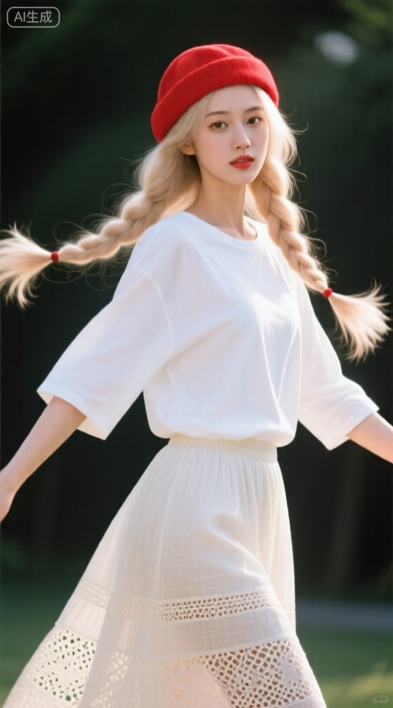 柔顺有光泽的长发,高细节,幻觉镜头,边缘光,美女,浅色长辫子,亮红色帽子,宽松长袖白T,棉麻镂空长裙,随机动作,
