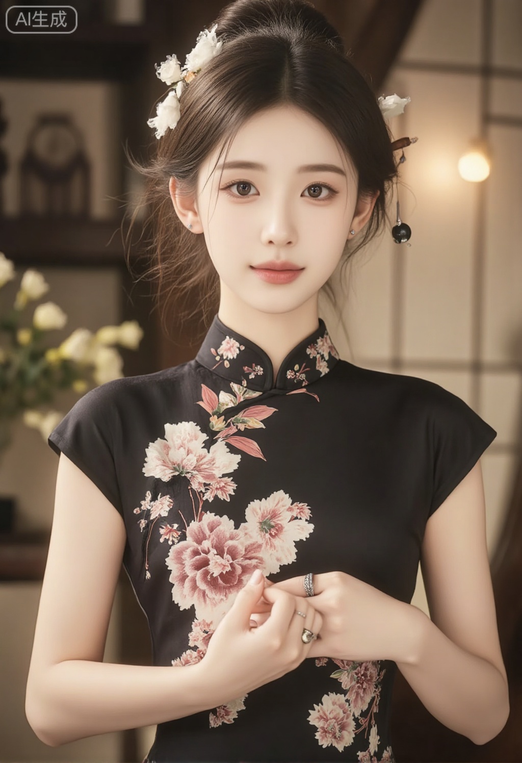 cheongsam,,Girl,cheongsam,interior,master work,cover poster,masterpiece,Masterpiece, Masterpiece, Best Quality: 1.3, Ultra High Resolution, Detail Skin, Photo Realistic: 1.4, Beautiful Light,