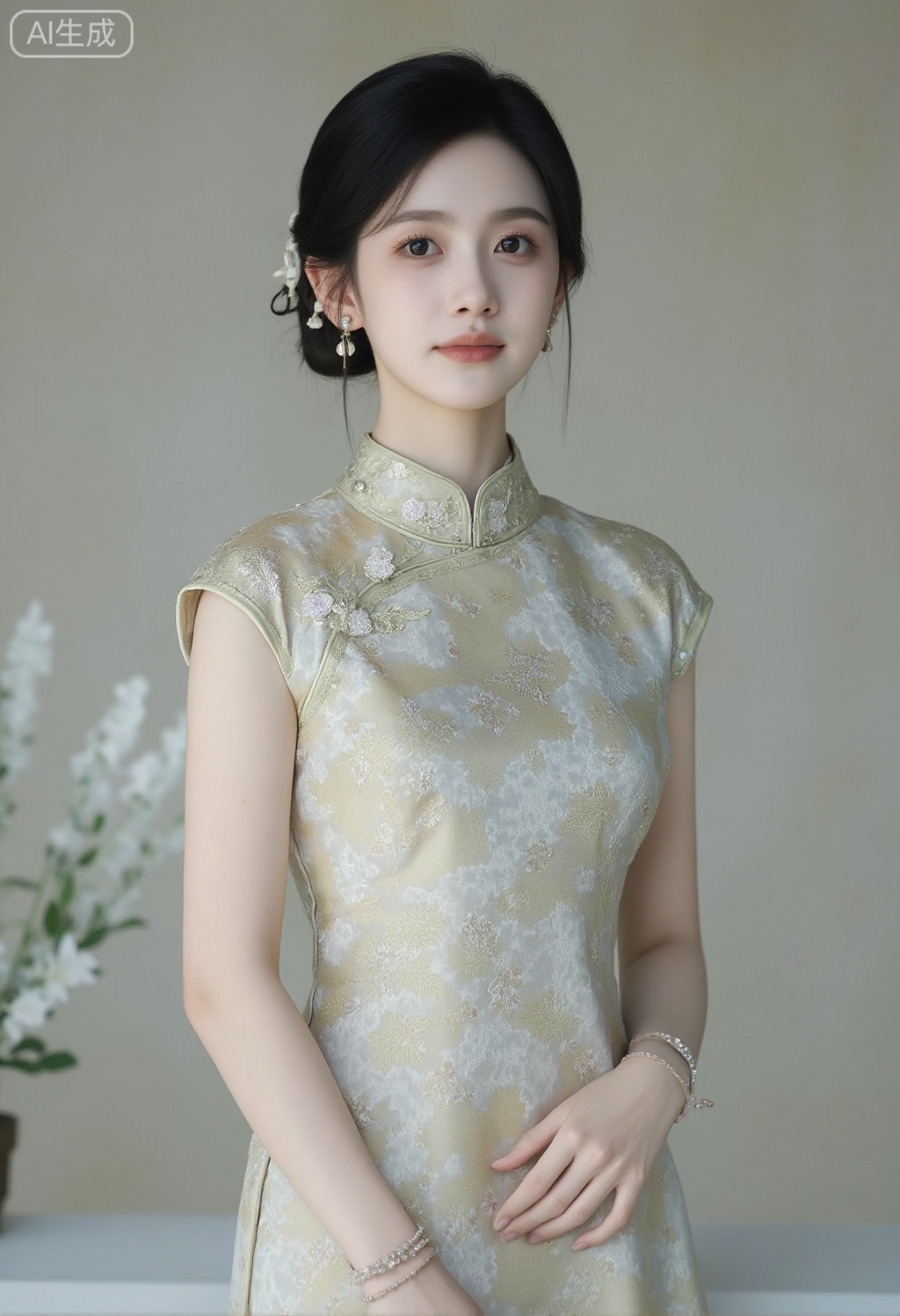cheongsam,Chinese small elder sister,cheongsam show,beautiful face,delicate features,bright eyes,black hair,clothing embroidered patterns,antique,Hanfu,fashion,noble,elegant,pure color background,high-definition photography,good picture quality,16K.,