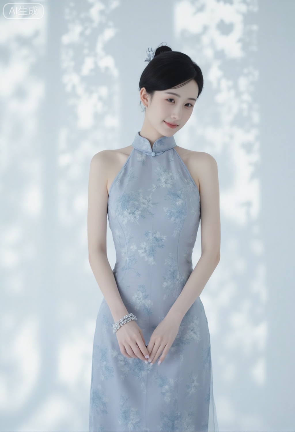 cheongsam,qipao,A beautiful fairy, with ice-like skin and jade bones, wearing a tight cheongsam with exposed shoulders made of chiffon, set against a white background, embodying both allure and a sense of coldness, in a realistic photography style, with 8K resolution, cool tones, new Chinese minimalist style, and visual impact.