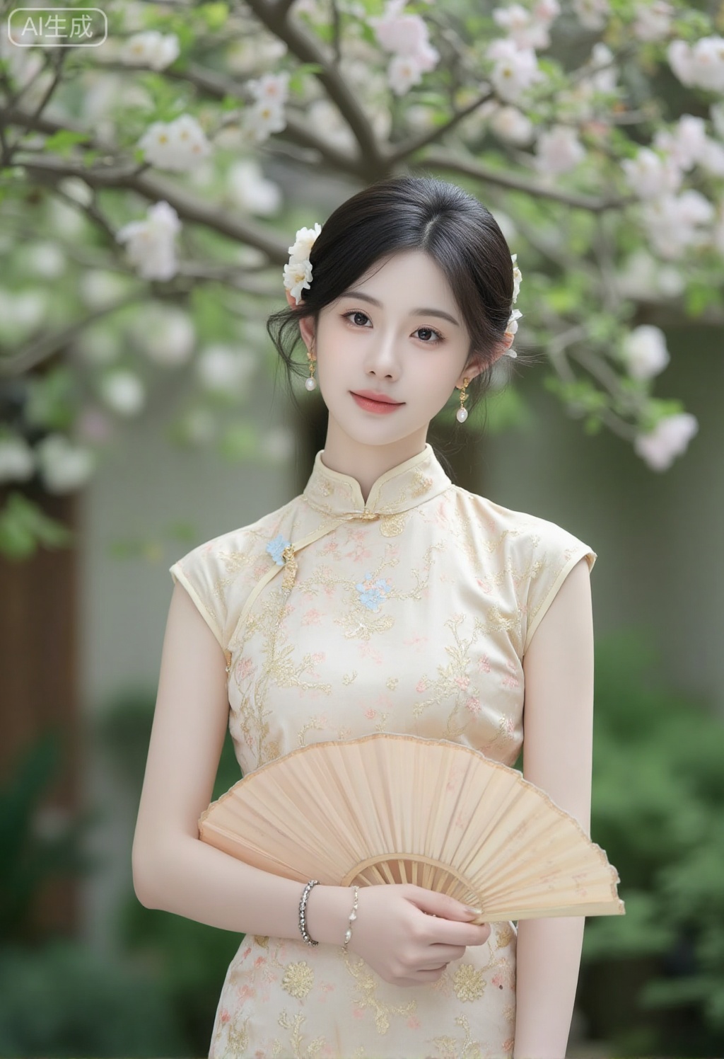 fine detail,hanfu,big breasts,hdr,cheongsam,cheongsam,This photo captures a young woman standing in a courtyard in Jiangnan. The lady has fair skin and her dark hair is styled into a sleek chignon with a few loose strands framing her face and adorned with delicate and luxurious hair accessories,including small flowers and pearl-like beads. She is wearing a traditional Chinese cheongsam,a high-necked sleeveless dress made of luxurious silk fabric,featuring intricate embroidery in gold,peach,and pale pink colors. The embroidery depicts floral and leaf patterns,adding a touch of elegance and refinement to the attire. The lady holds a folding fan in her right hand,and she wears a pair of dangling gold earrings and a simple silver bracelet on her left wrist. Her makeup is delicate and charming,enhancing her exquisite features with natural luster. The background includes a hint of green foliage and a blurred,out-of-focus tree full of flowers,suggesting a serene and possibly spring-like environment. The overall ambiance of the image is one of elegance,tradition,and refined beauty.,