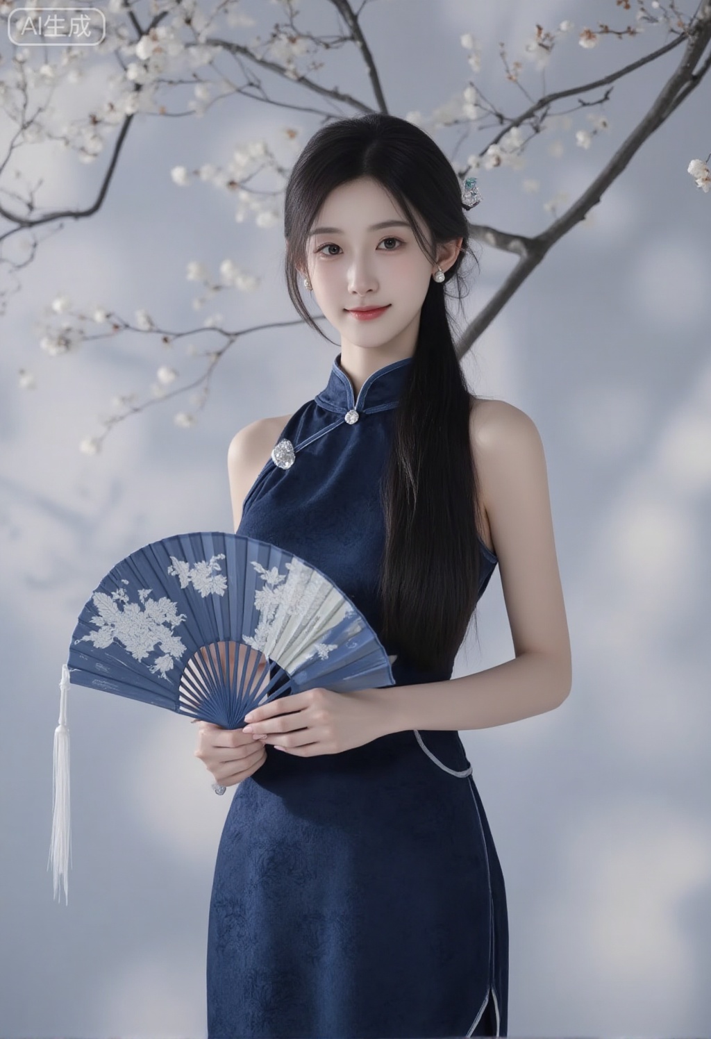 cheongsam,A deep blue qipao, outlining the gentle posture. Hair between the light hair Yang, seems to tell the tender feelings of the years. The earrings are bright and smooth, and the fan in the hand is interesting. With a smile hidden between the eyebrows and eyes, in the depth of time, blooming the unique elegance and romance of the East.