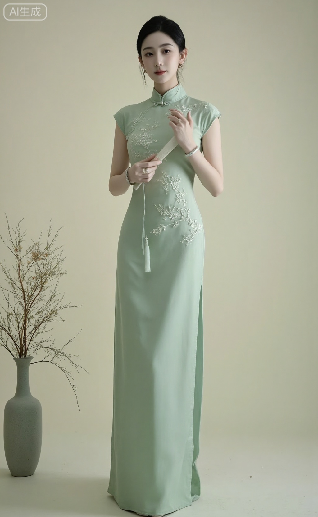cheongsam,1. The pale green robe is cut as a spring branch,and the flowers are embroidered into a new willow poem. Between the plain wall and the elegant vase,she kneads the gentle and gentle into the swing of the fan,making each smile become a quaint footnote 🌿,
2. The cloud temples are lined with the softness of clear light,and the stillness of beaded shells hangs down in the ears. The light of her eyes spreads over the flower shadow. She stands quietly as the demure one in the Song paintings,and her smile hides sandalwood's cotton 🪑,
3. The light of the moonlight is cut off from the gauze sleeve,and it is cut as a ripple on the front of the breast. The buckles shake off the stars. Each piece of cotton soaked in the elegant room falls into the green of the wrist,and the smile is the green of the eyebrows. Soft petals reflect elegant clothes,inlaid with beads,gentle and quaint,brewed into aging and shaking elegant time,diffuse light gold river flowing through the painting,leaving white fan gently shaking,shaking a curtain of light green clear dream,laughing eddy shallow flaw,dizzy full room quaint soft light.,