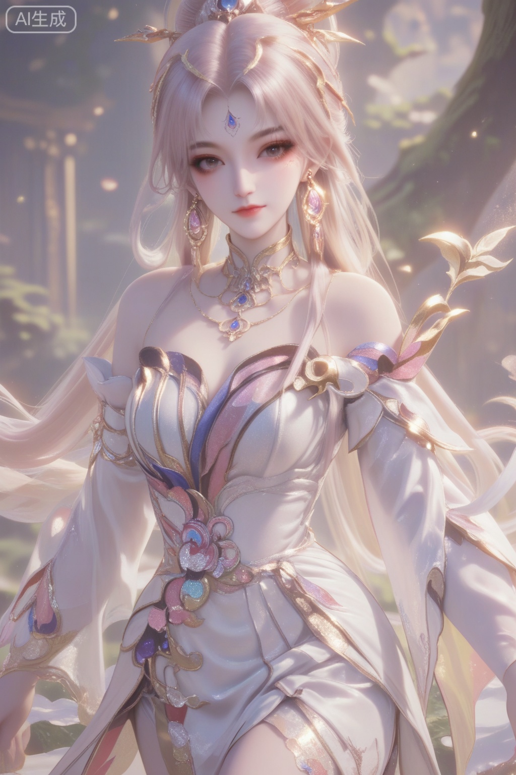 虞姬,score_9,score_8_up,score_7_up,1girl, solo, long hair, looking at viewer, blonde hair, hair ornament, dress, bare shoulders, jewelry, earrings, detached sleeves, white dress, facial mark,