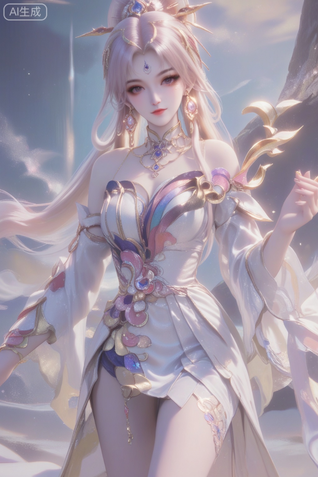 虞姬,score_9,score_8_up,score_7_up,1girl, solo, long hair, looking at viewer, blonde hair, hair ornament, dress, bare shoulders, jewelry, earrings, detached sleeves, white dress, facial mark,