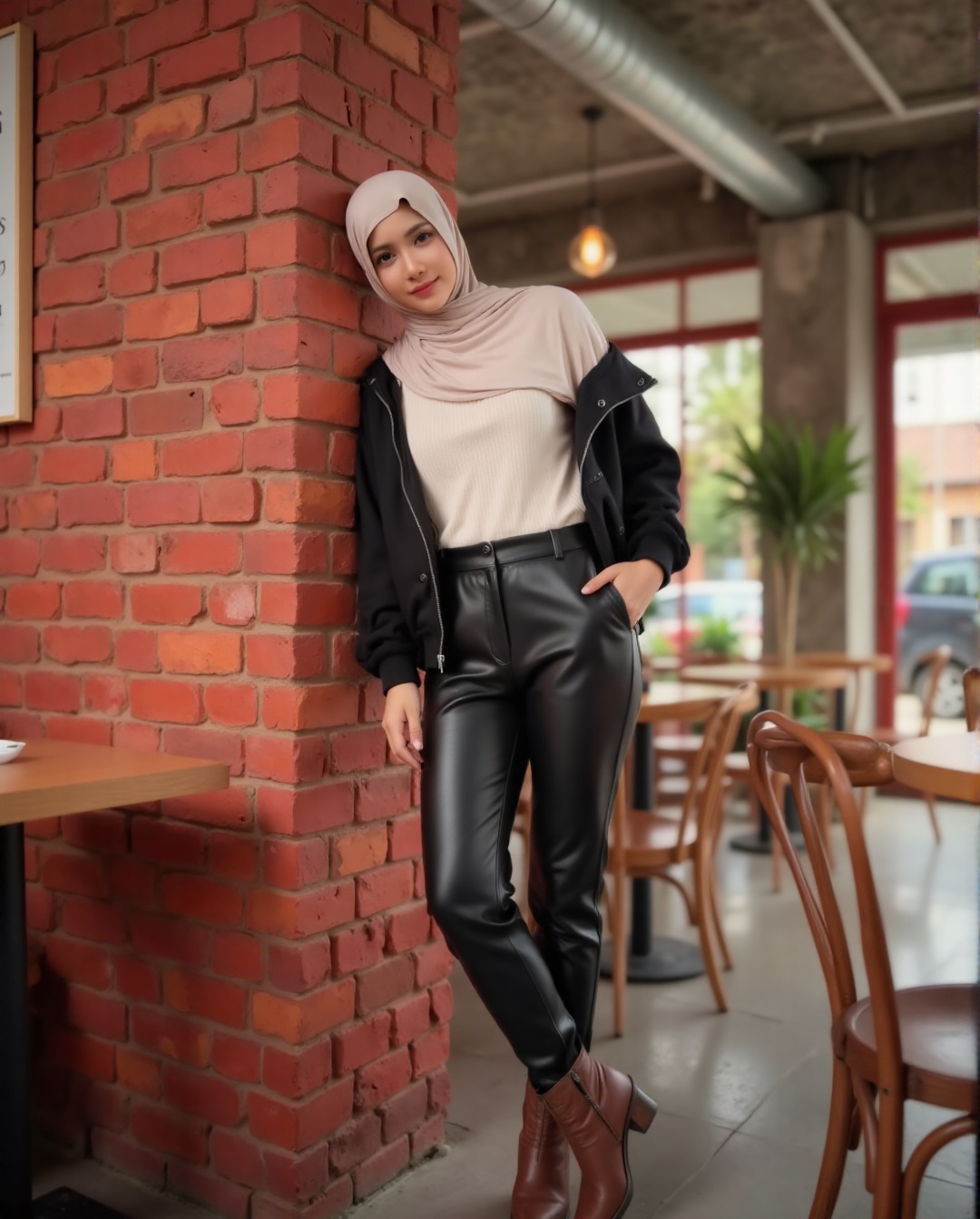 A woman stands with a seductive yet elegant air,  her white stylish hijab gracefully framing her face. She wears a cream t...