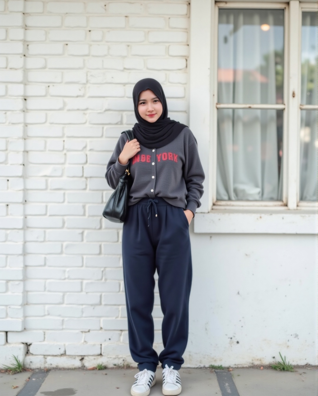 The image shows a woman standing in front of a white brick wall. She is wearing a black hijab,  glasses,  and a dark gray...