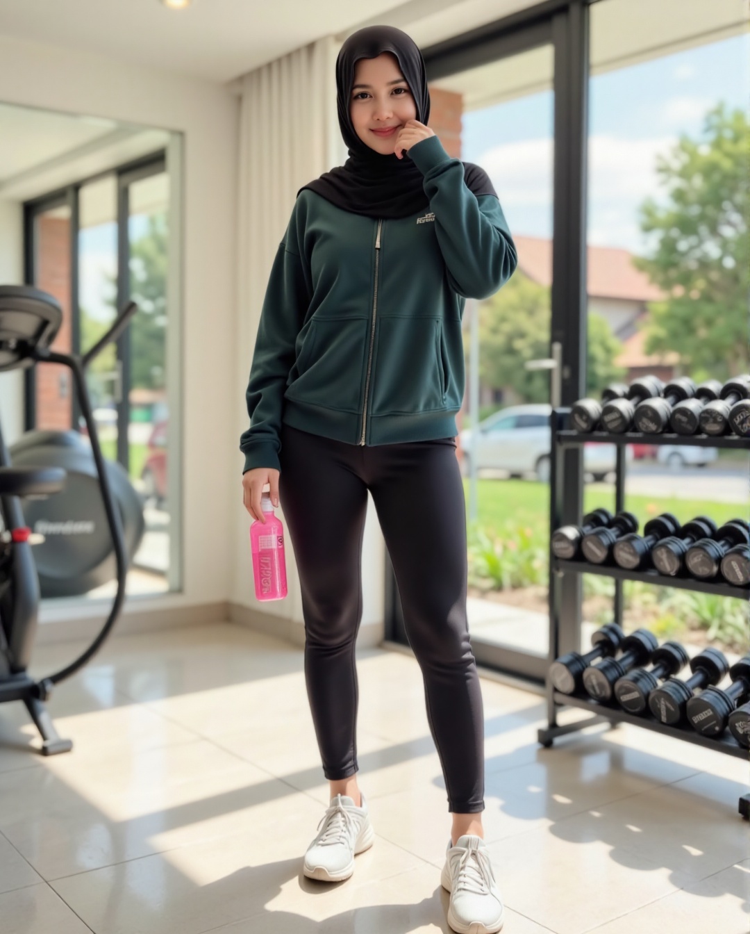 A woman stands confidently in a sexy yet stylish pose,  her black hijab elegantly framing her face. She wears a dark green...