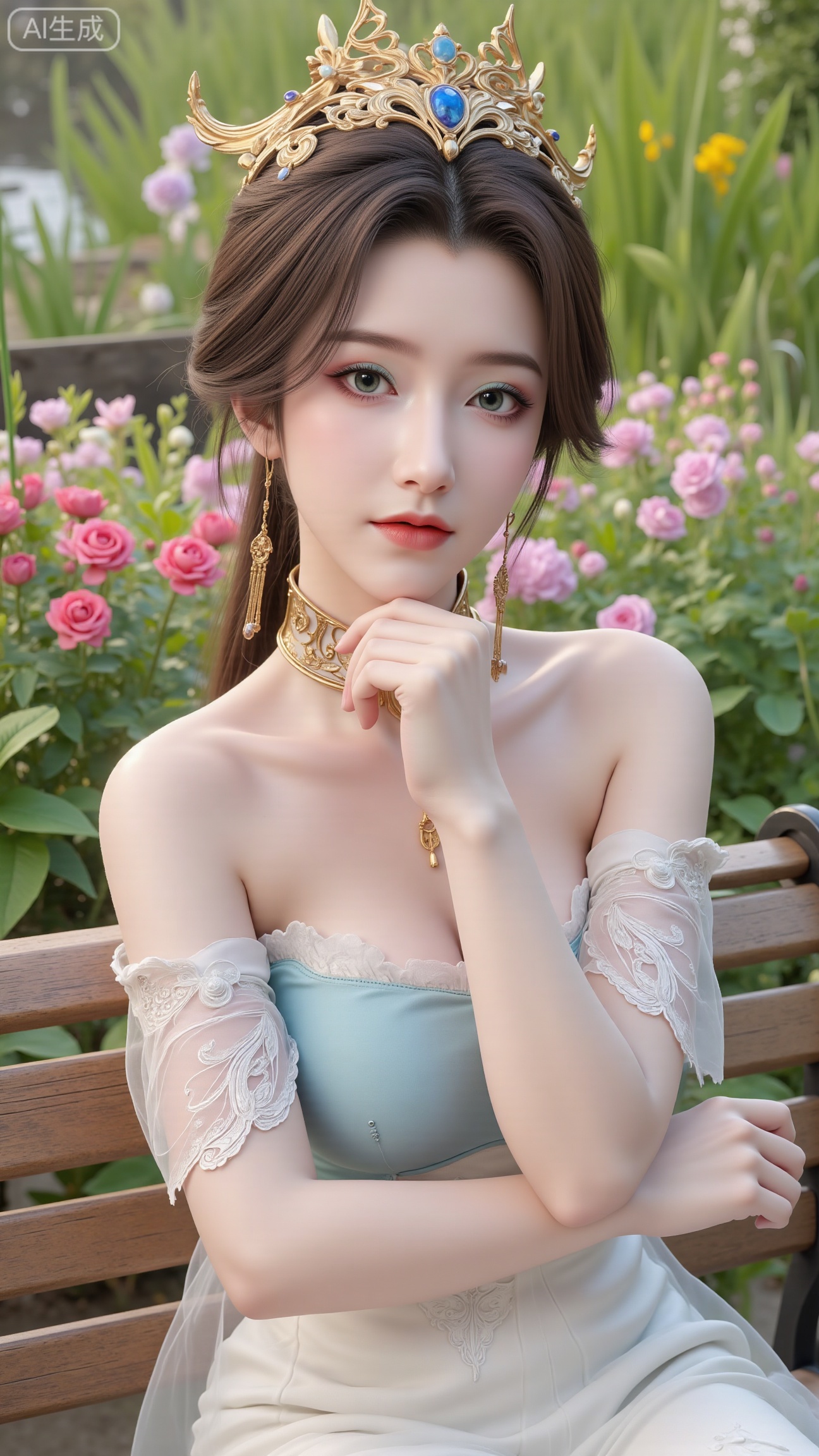 A beauty ,  (dress). Leaning on a garden bench filled with flowers,  .Sunlight filters through the leaves onto her face by...
