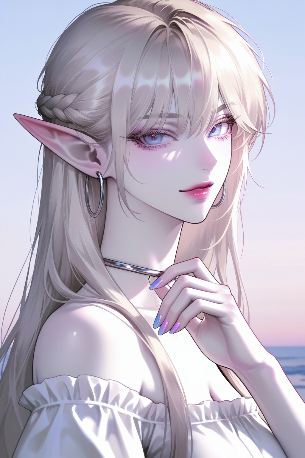 Very close-up portrait of a 25 year old young elf woman with small elf ears and very long,  messy straight platinum blonde...