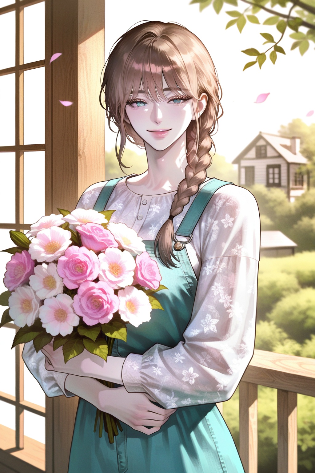 Young woman shown in 3/4 view,  with a gentle smile,  her light brown hair styled in a loose on Tensor.Art