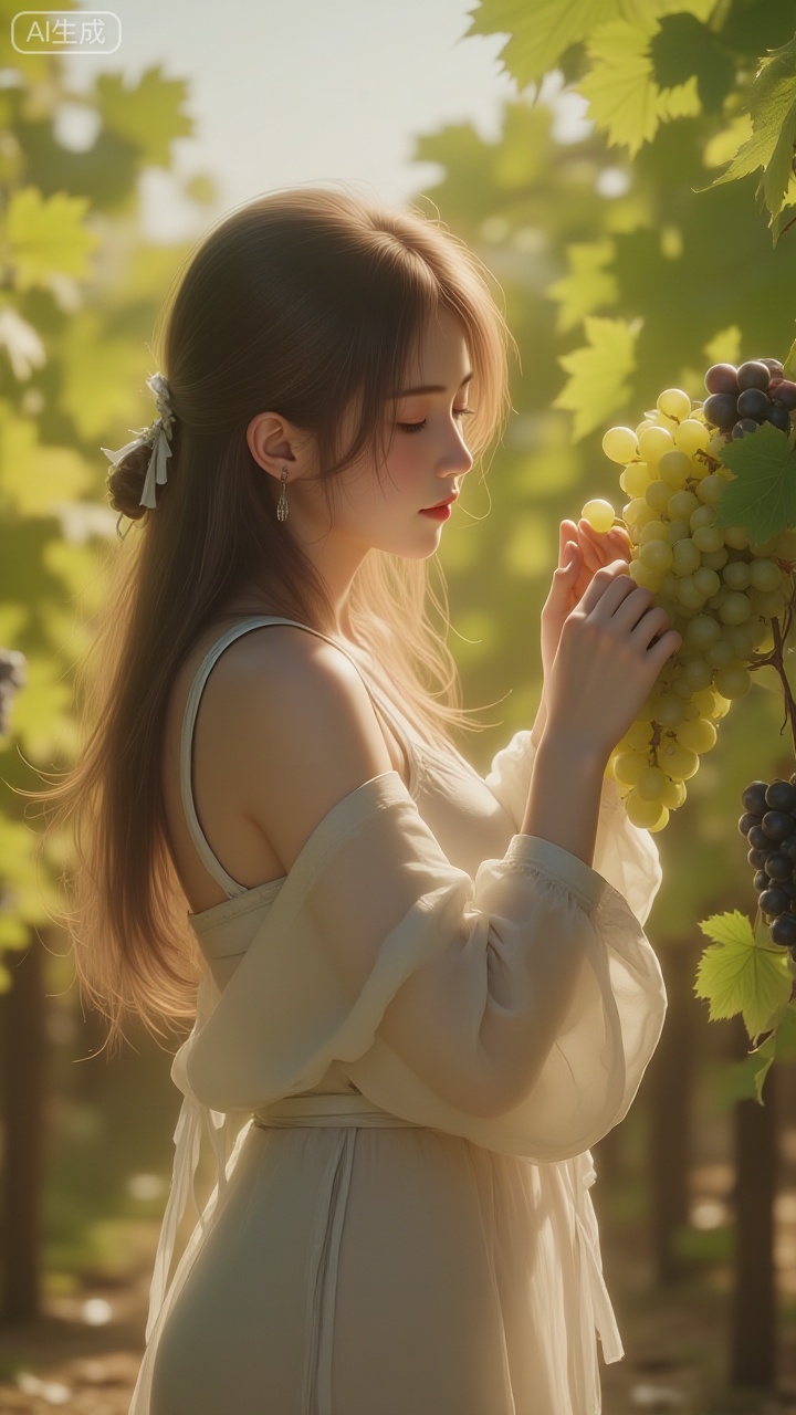 A young Chinese woman in a realistic CG style, with smooth and glossy tan long hair. Under the warm natural light of the vineyard, each strand of hair clearly shows delicate texture and light dynamism, with a few strands gently fluttering as she picks grapes. She is picking a bunch of plump green grapes from the vine, her fingertips gently pinching the vine of the grape cluster, and her hand movements are natural and smooth. The grape berries are round and full, with a smooth skin and a natural bloom texture. Under the light, the transition between highlight and shadow of each grape is delicate, as if it can refract a fresh luster. The veins of the vine and grape leaves are clearly visible, and the edges of the leaves glow with a soft green light.
She wears a light-colored thin garment with a transparent and soft fabric. When sunlight penetrates it, a soft light-dark gradient is formed, highlighting the drape of the fabric, and the hem of the garment slightly lifts with her movements. Her skin, under the side light of the sun, exhibits a realistic smooth texture and natural light-shadow transition, with delicate and smooth light and shadow on the areas where her neck and hands touch the grapevine.
The background is a vast vineyard, with racks covered in clusters of green grapes and dark purple grapes. The old vines have a rough and realistic texture, while the new leaves are fresh and glossy. Sunlight filters through the gaps in the grape leaves to form dappled light spots, gently scattered on the ground and the character. The hazy outline of green vines can be seen in the distance. The overall light of the picture is warm and soft, and the textures of various materials (hair, grape skin and bloom, vine leaves, thin fabric, skin) are accurately restored, fully demonstrating the delicacy and realism of realistic CG.