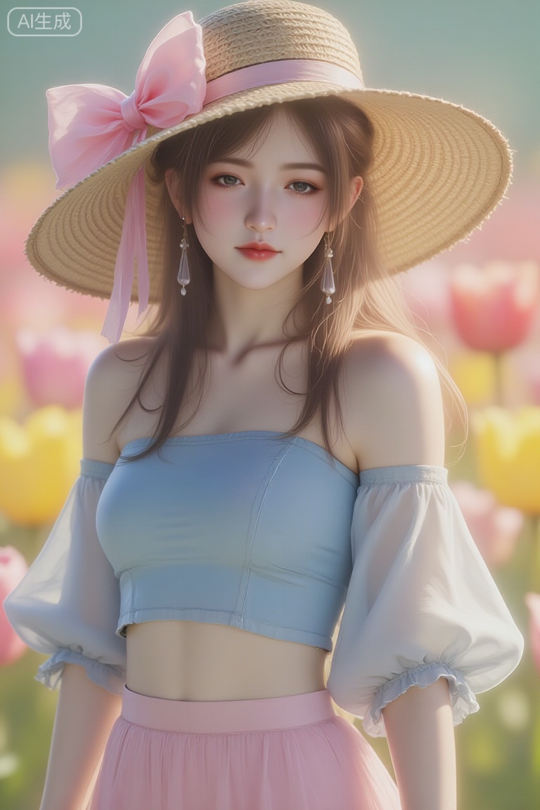 A photorealistic portrait of a young Asian woman with long, wavy light brown hair. She wears a wide-brimmed straw hat adorned with a large pink organza bow and a pink ribbon band. Her outfit consists of a light blue off-shoulder crop top with sheer sleeves and a pink tulle skirt. She also has delicate drop earrings. The background is a field of colorful tulips in soft focus, creating a dreamy bokeh effect. The lighting is warm and natural, highlighting the textures of her skin, hair, clothing, and the straw hat. The overall mood is romantic and summery, with intricate details in the fabric, the hat’s texture, and the vibrant yet soft floral background.