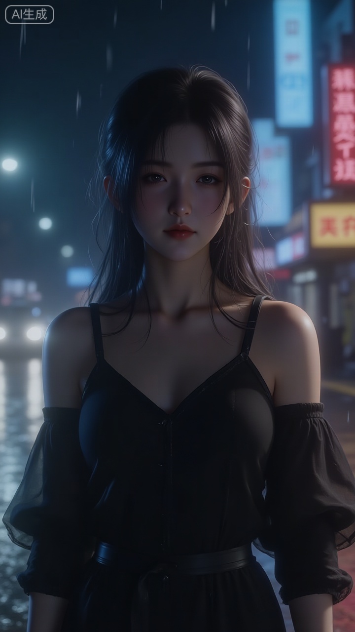 A young woman in a realistic CG style, with jet - black long hair that becomes moist and smooth due to the rain. The texture of the hair strands is delicate, and a few strands flutter gently in the night wind, with a natural sense of dynamism. She is wearing a black off - shoulder outfit: the inner fabric is smooth and close - fitting, and the outer thin gauze fabric shows a hazy translucent texture under the side - backlight. The hem flutters gently with the night wind, forming a soft light - dark layer. The background is an urban street on a rainy night: the ground is wet from the rain, reflecting the colorful light and shadow of neon lights and vehicle lights, with soft and diffused light spots; the distant neon signs are bright in color, and the strong light of the car lights forms clear halos and contour lights, illuminating the character's shoulders, neck, and hair strands. Raindrops draw fine bright lines in the light. The overall light is dominated by cold - toned ambient light, combined with warm - toned light spots, creating a richly layered light - shadow effect on the hair strands, gauze fabric, moist ground, and background neon lights. The textures of various materials (moist hair, smooth fabric, thin gauze, wet road surface, neon light) are accurately restored, fully demonstrating the delicacy of realistic CG and the atmosphere of the urban rainy night.
