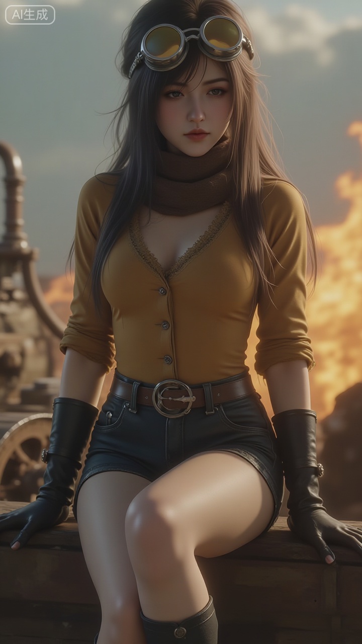 A woman in a realistic CG style, with smooth and dynamic dark brown long hair. Under the interweaving of cold ambient light and warm flame light, each strand of hair clearly shows delicate texture and elegant dynamism. A pair of retro goggles is worn on top of her head: the metal frame has a cold matte finish, and the lenses refract warm yellow light and shadow, with a truly tactile texture. She is wearing a tan bodycon top: the fabric has delicate texture and slight elastic quality, and the golden lace embroidery at the edges is exquisite and three - dimensional. The brown scarf worn outside is soft and fluffy, showing a soft light - dark transition in the light. The dark leather shorts on the lower body have a rough leather surface with natural folds and matte luster, and the metal belt buckle reflects cold highlights. The black stockings have a thin and transparent texture, forming a soft textural connection with the leg skin. The matched black leather gloves and short boots have clear leather texture, exquisite stitching details, and a matte surface. She is on a steampunk - style mechanical device: the metal mechanical structure is complex and precise, with aged rust and oily highlights on the surface, and the textures of gears and pipes are truly distinguishable. The flame beside her is burning fiercely, and the warm yellow firelight casts layered light and shadow on the machinery, the character's hair, and clothing. The background is a cloudy gray - blue sky, where the cold light forms a strong contrast with the warm flame light. The overall picture has rich light - shadow layers with the interweaving of cold and warm lights, and the textures of various materials such as hair, metal, lace, leather, stockings, and mechanical metal are accurately restored, fully demonstrating the delicacy and realism of realistic CG.