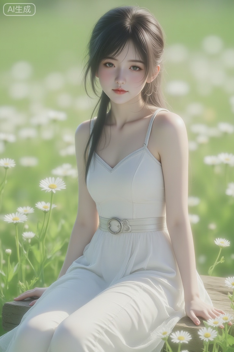 a young Chinese girl with long black hair is seated in a field of daisies. She is dressed in a white sleeveless dress . Her hair is pulled back in a ponytail