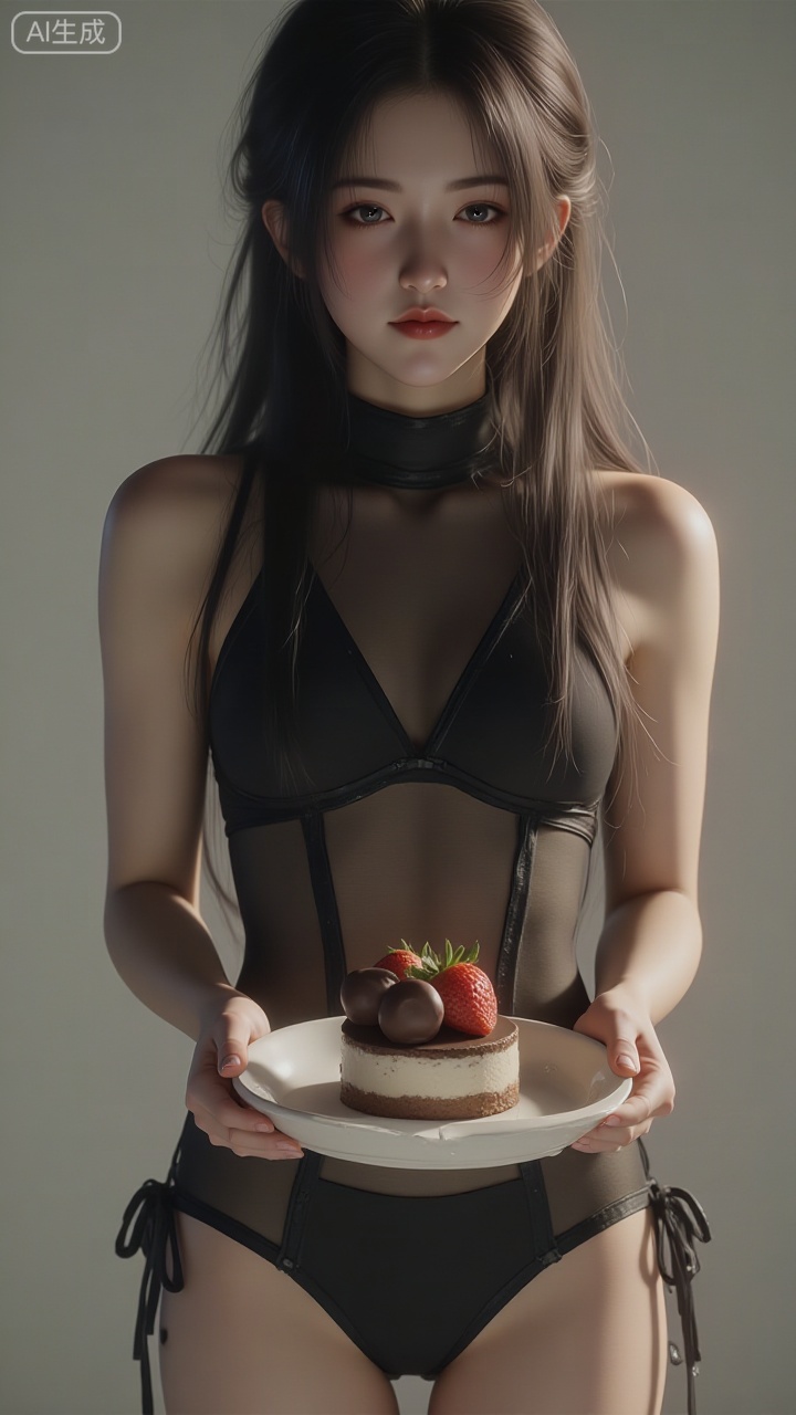 A woman in a realistic CG style, with jet-black long hair that is smooth and glossy. Under the soft top light, each strand of hair clearly exhibits delicate texture and natural light-dark layers. She is wearing black attire: a black bikini underneath, and a tight sheer dress made of thin, transparent mesh fabric on top. The mesh dress presents a hazy translucent texture under light, creating a subtle textural contrast with the inner black tight fabric — the tight fabric is smooth with a slight matte luster, accurately highlighting the close-fitting cut of the outfit.
The white porcelain plate she holds has a warm texture, with a matte sheen on its surface. The dessert in the plate boasts rich layers: the cream has a smooth texture and a delicate glow, the chocolate balls have a matte surface with subtle granular texture, and the strawberries are bright red and plump, with smooth skins reflecting a clear luster. Her skin, bathed in soft light, shows a realistic smooth touch and natural light-shadow transitions, with delicate and fluid light and shadow on her legs and arms.
The overall light source is soft top light, which creates richly layered light-shadow effects on her hair, the mesh fabric, the tight fabric, the porcelain plate, the dessert, the patent leather high heels, and her skin. The textures of various materials are accurately restored, fully demonstrating the delicacy and realism of realistic CG.