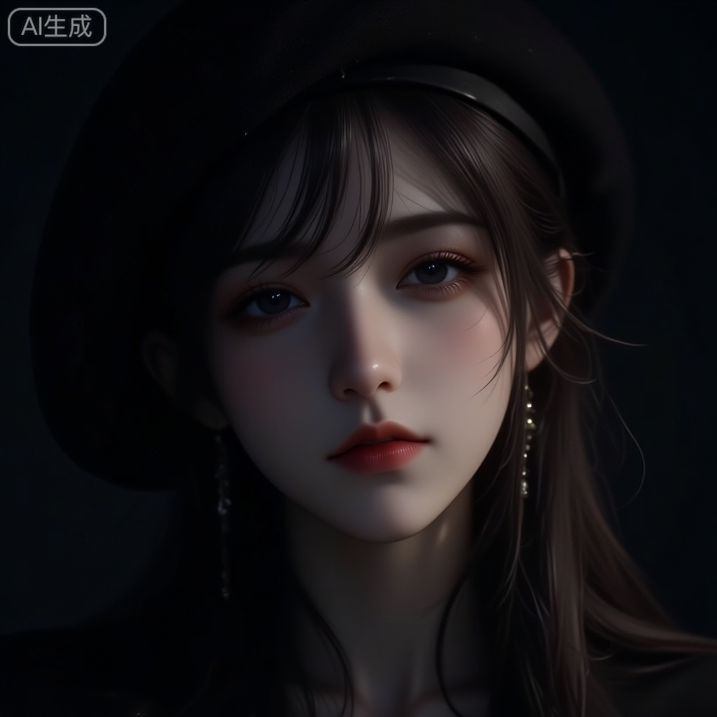 The image presents a close-up of a young woman with long, dark hair. She is wearing a black beret. Her eyes are large and expressive, with a subtle reflection in the right eye that lends depth and realism to the scene. Her skin is fair and smooth, with a faint blush on her cheeks. One side of her face is in shadow while the other is lit, creating a realistic lighting effect. The background is dark. The overall composition focuses on her face, highlighting her delicate facial features and the intricate details of her attire.