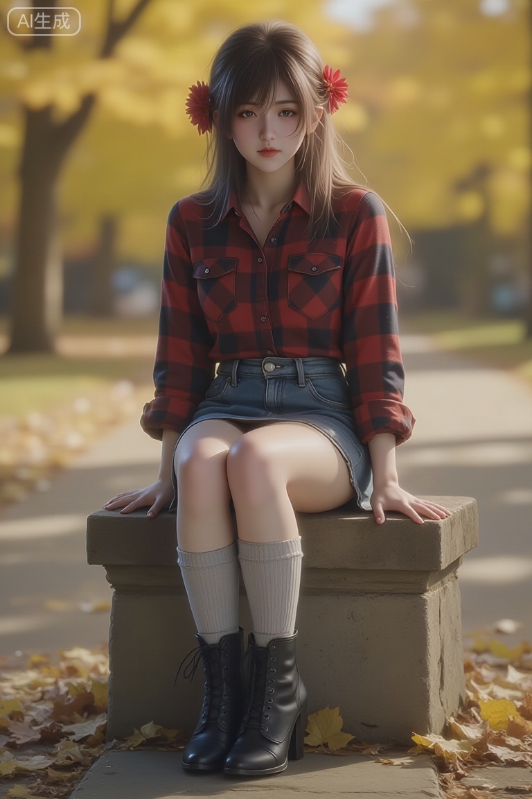 A photorealistic portrait of a young Asian woman with long, wavy brown hair adorned with red floral hair accessories. She is wearing a red and black plaid shirt, a short denim skirt, light gray ribbed knee-high socks, and black lace-up high-heeled ankle boots. She is sitting on a weathered stone ledge in an autumnal park, with fallen leaves scattered around. The background features a blurred path lined with trees with golden-yellow autumn foliage, bathed in soft, warm sunlight. The composition has a shallow depth of field, emphasizing the subject while creating a dreamy bokeh effect. The overall mood is serene and nostalgic, with rich details in the clothing, natural elements, and realistic lighting that highlights the textures of the skin, fabric, and environment.