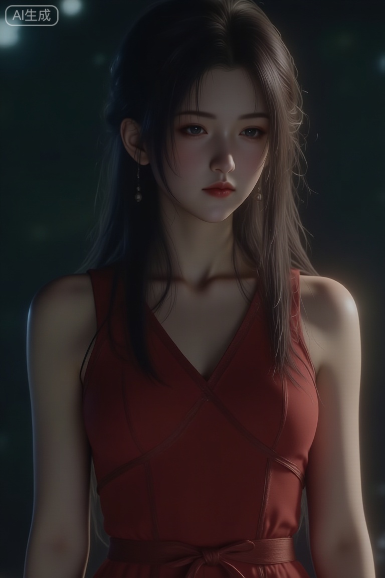 A young woman with East Asian features, having a delicate and refined face, clear and expressive eyes, and naturally red lips. She has long black hair with thin, wispy bangs, and some strands fall loosely in a natural way.
 
She is wearing a red dress, with a black belt tied around her waist.
 
The image adopts a hyper-realistic 3D rendering style, featuring delicate and lifelike light and shadow effects that create a cinematic texture.
 
The background is a blurred dark-toned one with some light spots, which highlights the main subject and creates a quiet, atmospheric night scene.
 
The picture has a fine texture, harmonious color matching, and a vivid character image, conveying a kind of cold yet elegant beauty.