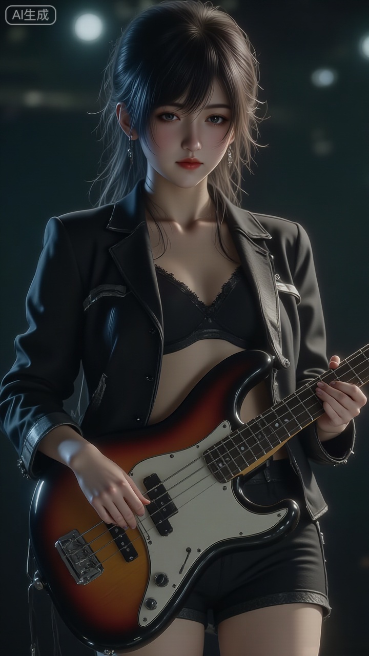 A young woman with East Asian features, with a delicate face, bright makeup, and striking red lips. She has shoulder-length black hair with neat bangs, the hair is neat and textured, and she wears small necklaces and earrings.
 
She is wearing a black leather jacket, a black lace-trimmed bra underneath, a black short skirt on the lower body, and black fishnet stockings. The overall look is full of punk rock style.
 
She is holding a sunburst gradient electric bass guitar. The guitar has exquisite details and the metal parts are shiny.
 
It adopts a hyper-realistic digital art style, with strong light and shadow contrast, highlighting the texture of the character and the instrument, creating a professional rock portrait texture.
 
Stage lights shine on the character, with a blurred black stage background, which is concise and grand, making the character and the instrument the visual focus, presenting a cool and tense rock stage atmosphere.
 
The color of the picture is mainly black, with blurred and dizzying lights, matched with the gradient color of the electric bass. The character image is full of personality and charm, conveying a rebellious, passionate and highly infectious rock beauty.