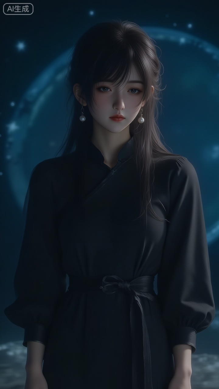 A young woman with East Asian features, with a delicate face, bright eyes with delicate light and shadow effects, and natural lip color. She has long black hair, which is smooth and partly scattered naturally, and wears exquisite pearl earrings.
 
She is wearing a black long-sleeved dress, with a belt of the same color tied around her waist. The belt is in a bow style, and the sleeves are lantern sleeves, adding a sense of softness.
 
It adopts a beautiful and realistic style, with delicate and soft light and shadow, creating a dreamy illustration texture.
 
The dark blue night sky is dotted with twinkling stars and a few white clouds, presenting a quiet and ethereal night scene atmosphere as a whole, highlighting the main character.
 
The color tone of the picture is unified and harmonious, and the character image is gentle and moving, conveying a kind of cold, elegant and dreamy beauty.
