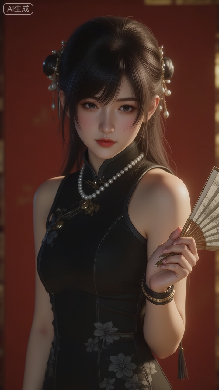 A woman in a realistic CG style, with jet - black long hair tied into an exquisite bun. The hair is smooth and has a natural luster, and a few broken hairs show more delicate texture under the side light. She is wearing a black cheongsam with dark floral patterns made of velvet fabric. The velvet fabric has a true texture, and under the warm light, the surface glows with a soft matte velvet luster. The dark floral patterns have clear textures, forming a delicate textural contrast with the velvet base fabric. She holds a folding fan with white floral patterns — the fan surface paper has a thin texture, the pattern printing is fine, and the wood texture and luster of the fan bones are truly distinguishable, with the black tassel hanging naturally. A pearl necklace is worn around her neck, and each pearl is round and full, reflecting a soft pearly luster on the surface. The jade bracelet on her wrist has a warm and moist color, and under the light, it reveals the unique transparency and subtle texture of jade. She leans against a vermilion gate with golden door nails: the surface of the golden door nails is smooth, reflecting a bright and layered metallic luster, and the lacquer of the vermilion wooden door is delicate, showing a warm light - dark transition under the light. The overall light is soft side - backlight, creating rich light - shadow layers on the hair, cheongsam, folding fan, jewelry, and door nails. The textures of various materials (velvet, paper, wood, pearl, jade, metal, lacquer) are accurately restored, fully demonstrating the delicacy and realism of realistic CG.