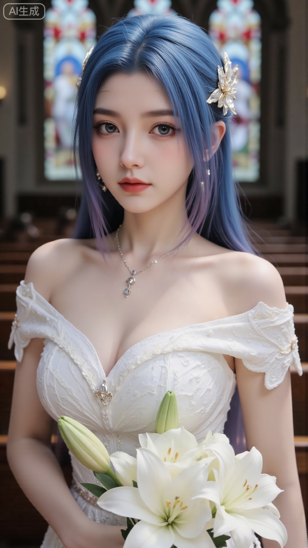 masterpiece,very aware,highres,absurdres,newest,best quality,high quality,chromatic_aberration,cinematic_angle,dutch angle,blurry_foreground,
1girl, flower, solo, hair ornament, dress, bouquet, stained glass, hair flower, holding bouquet, white dress, holding, looking at viewer, necklace, jewelry, church, white flower, virtual youtuber, lily (flower), earrings, closed mouth, bare shoulders, indoors, off-shoulder dress, aqua eyes, long hair, off shoulder, wedding dress, light smile, mole, blue eyes, upper body, collarbone, holding flower,
photorealistic
