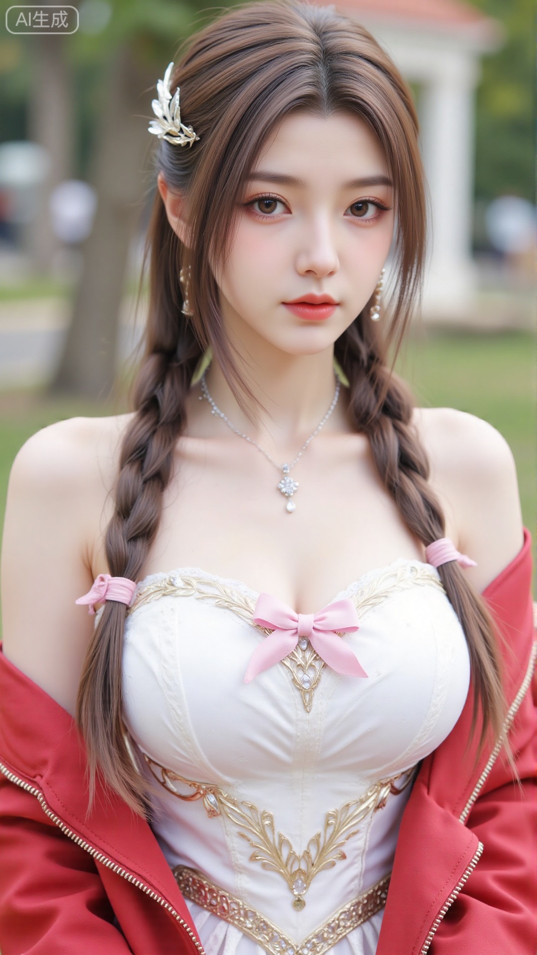1girl,solo,jewelry,flower,hair flower,hair ornament,necklace,realistic,brown eyes,looking at viewer,dress,blurry background,twin braids,blurry,white dress,long hair,upper body,breasts,pink bow,red jacket,bare shoulders,lips,collarbone,outdoors,cleavage,large natural breast,soft breasts,huge Breasts