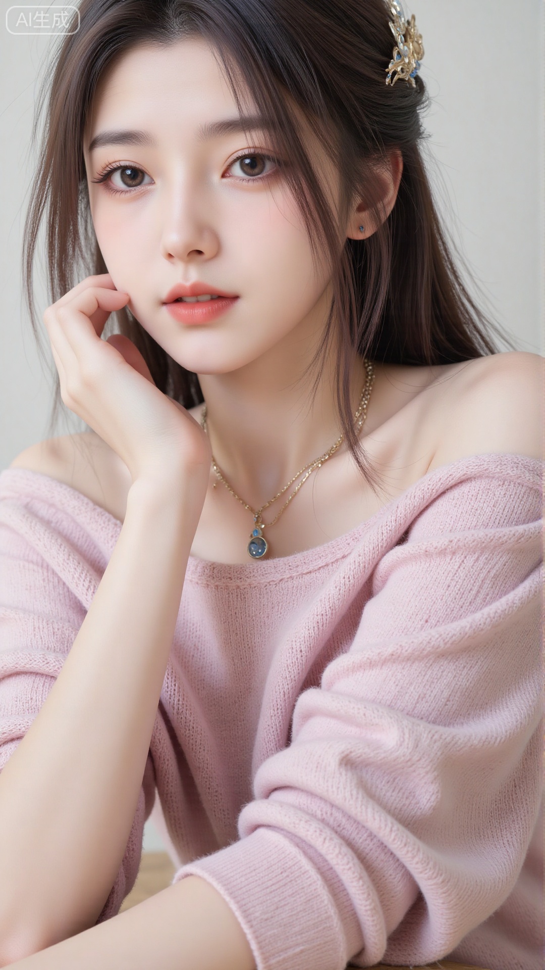 1girl, solo, long hair, looking at viewer, smile, sitting, collarbone, off shoulder, sweater, messy hair, realistic