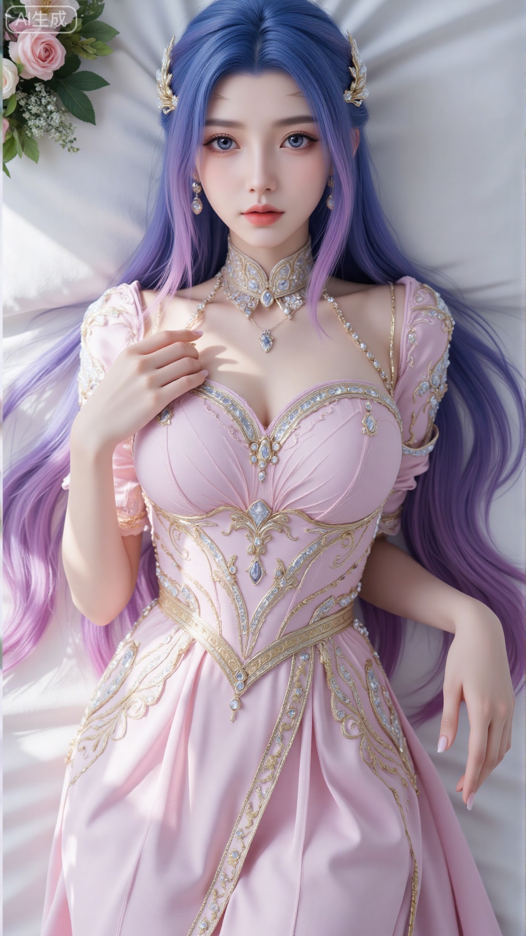1girl, solo, jewelry, earrings, breasts, necklace, dress, realistic, bare shoulders, looking at viewer, lying, perfect body, scenery, sharp focus, best quality, masterpiece, detailed outfit, illustration, perfect eyes, finely detailed beautiful anime eyes, realistic skin, intricate details, best lighting, depth of field, ultra high resolution, bed, from above