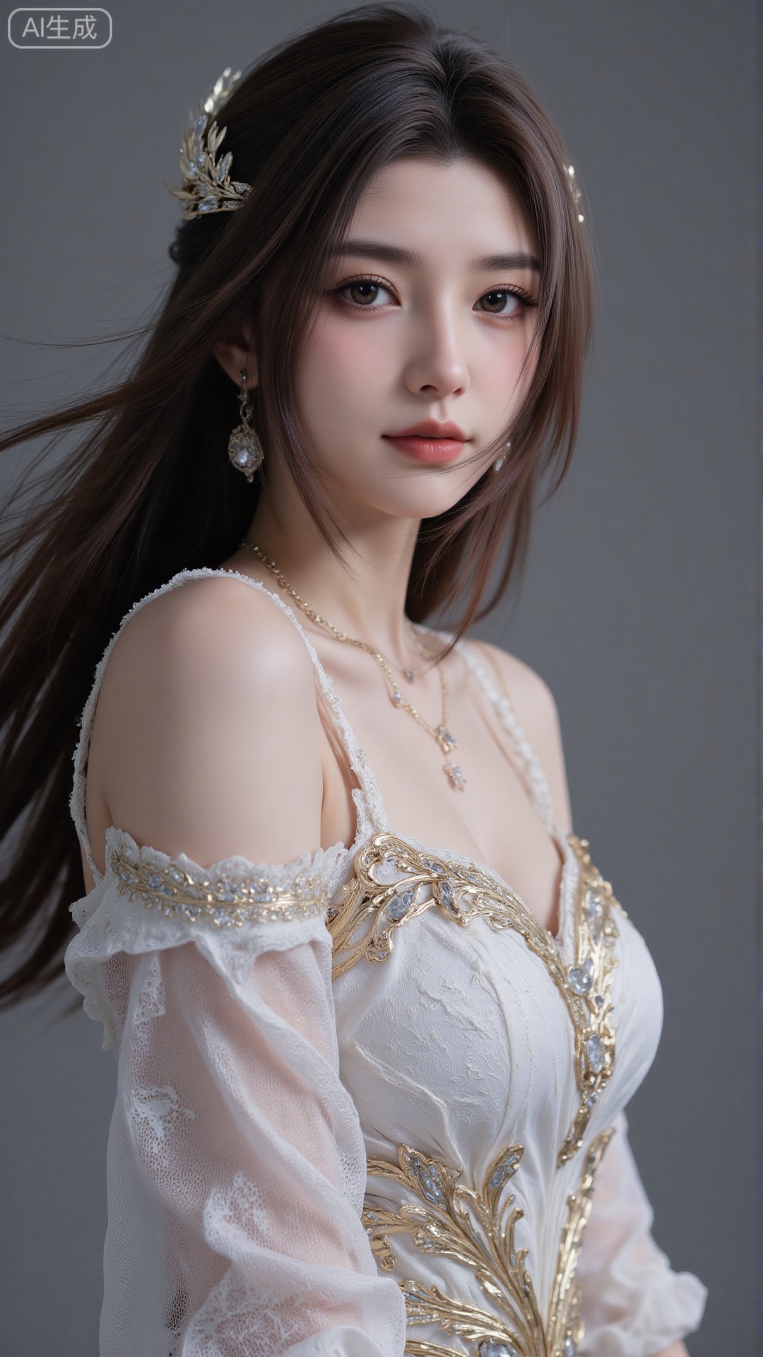  masterpiece, best quality, 1girl ,(( grey background)), long hair, floating hair,looking at viewers, happy, ((front)), (studio light),upper body,soft light,dark style, summer, FilmGirl