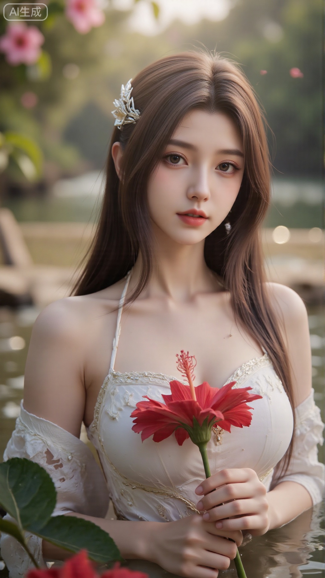 1girl, solo, long hair, breasts, looking at viewer, blush, open mouth, bangs, brown hair, hair ornament, dress, bare shoulders, brown eyes, medium breasts, collarbone, flower, parted lips, hair flower, water, white dress, sleeveless dress, leaf, plant, red flower, partially submerged, hibiscus
,backlighting,depth of field,cinematic lighting,light particles,lens flare, (artist:quasarcake:0.8),extreme aesthetic,(wlop:0.6),masterpiece,best quality,good quality,newest,very aesthetic,absurdres,Visual impact,A shot with tension, ultra-high resolution,32K UHD,sharp focus,best-quality,masterpiece,Emotionalization,unconventional supreme masterpiece,masterful details,temperate atmosphere,with a high-end texture,in the style of fashion photography, (alzi xiaomI:1.2),(mogumo:1.1),(good hands, nice hands:0.5),giving the poster a dynamic and visually striking appearance,impactful picture,offcial art,colorful,movie perspective, masterpiece,best quality,amazing quality,very aesthetic,absurdres,best quality,newest