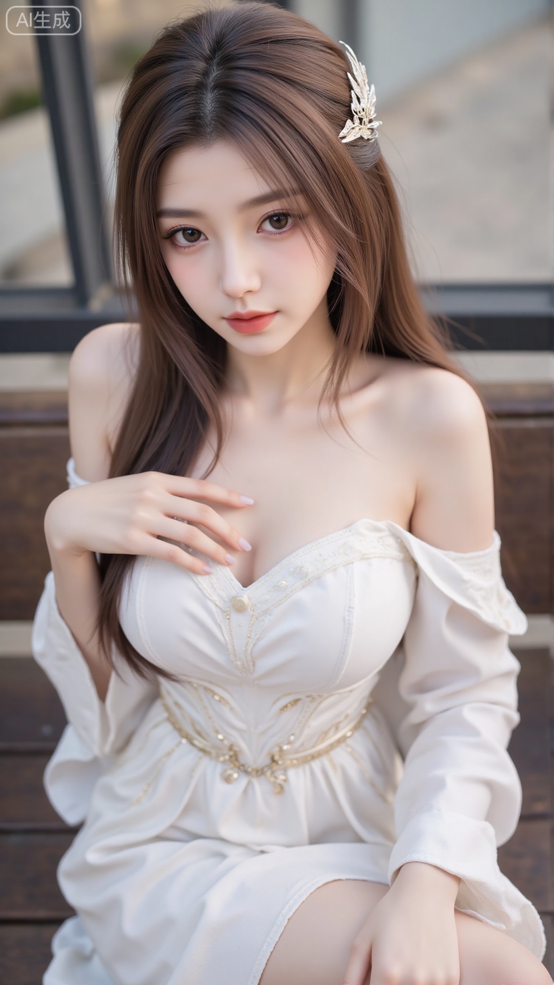 1girl, solo, long hair, breasts, brown hair, hair ornament, long sleeves, dress, cleavage, bare shoulders, brown eyes, medium breasts, sitting, off shoulder, white dress, lips, hand on own chest, realistic, bench