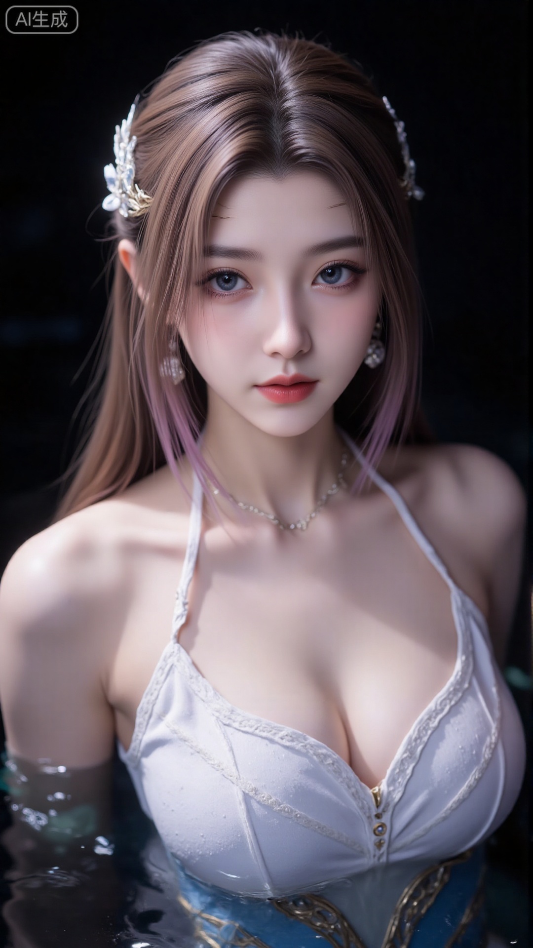 1girl, solo, long hair, red lips,looking at viewer, upper body, glowing hair,hair ornament,white sling shirt,bare shoulders,in water,hair bun,ribbon,earrings,black background,light,dark background