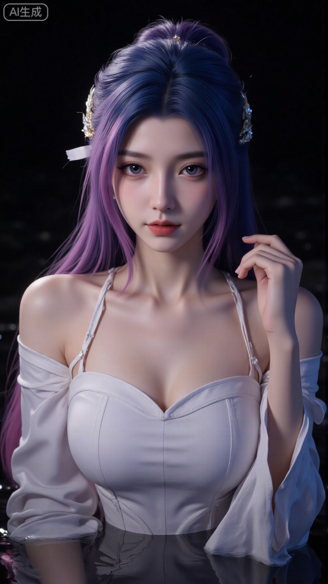 1girl, solo, long hair, red lips,looking at viewer, upper body, glowing hair,hair ornament,white sling shirt,bare shoulders,in water,hair bun,ribbon,earrings,black background,light,dark background