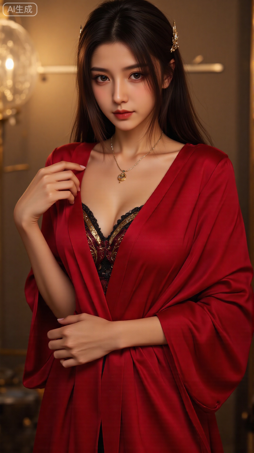 A stunning 18-year-old Chinese woman wraps herself in a vibrant red scarf, posing seductively against a sleek, modern backdrop. Soft, golden lighting accentuates her porcelain complexion and luscious locks. The camera captures the dramatic play of shadows on her features as she confidently flaunts her curves.