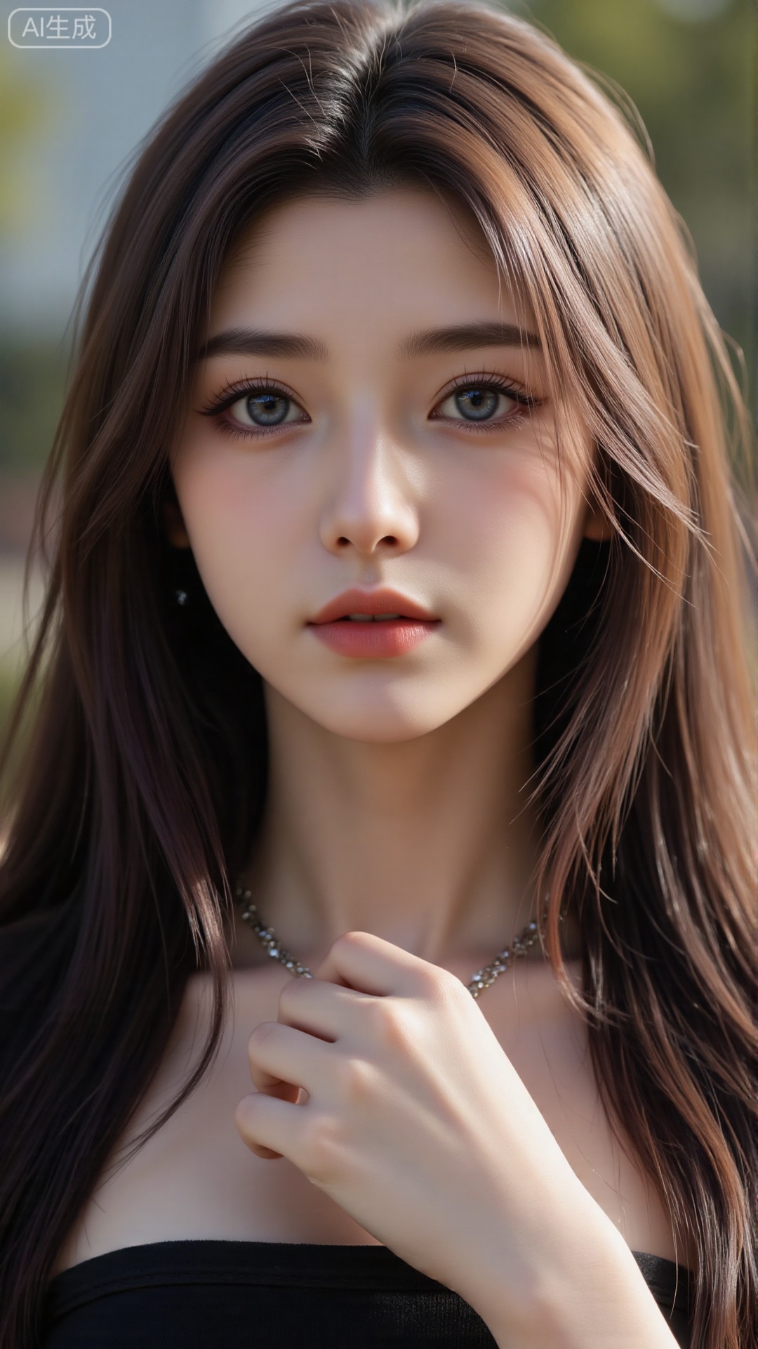  a asian woman, sexy long hair, blue eyes, charming and seductive temperament, distant close-up, golden ratio, movie texture, minimalism, high-end feeling, strong contrast between cold and warm, outdoor scenes, 