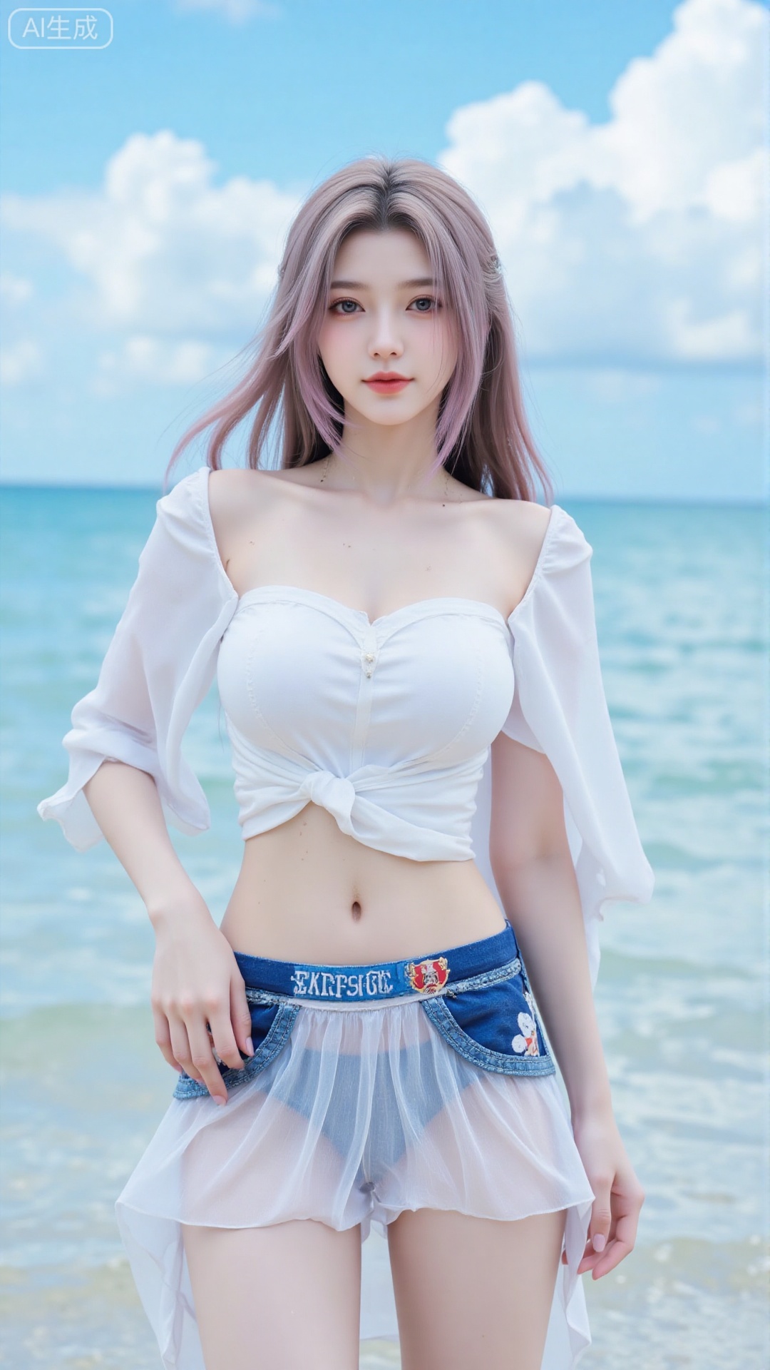 Korean girl, single, showing navel, long hair, thighs, wearing shirt, outdoors, looking at viewer, realistic style, with water and sky, daytime, fair thighs, white tube top, short top, sea, lips, blue sky, short sleeves, smile, clouds, dark eyes, big eyes Eyes, plump breasts, plump breasts, chest, looking at the audience, looking at the screen, bare shoulders, collarbone, standing in the sea, (((upper body red short-sleeved, short top)), (((wearing a translucent The white gauze skirt and blue swimming trunks with the school team logo)) were soaked in the water and were soaked.
