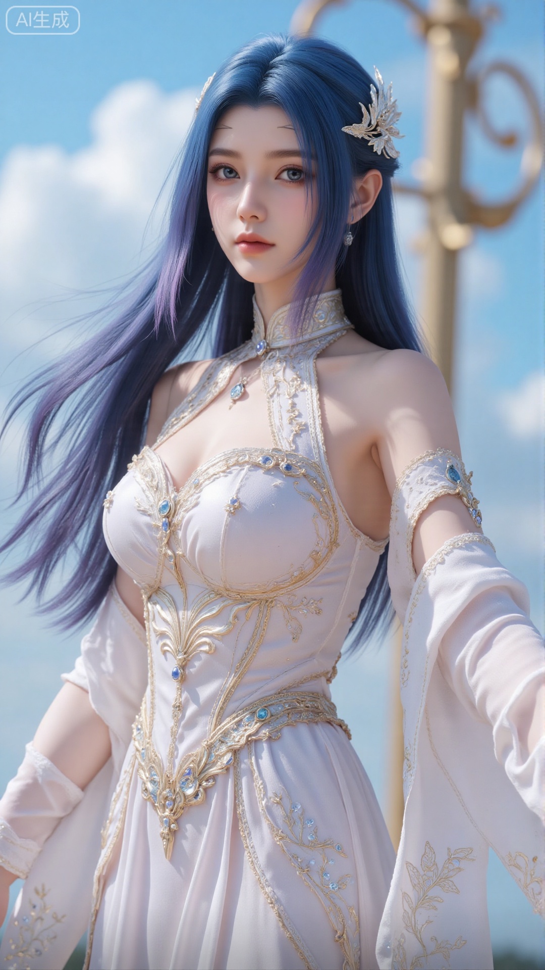 Very detailed face, extremely detailed eyes and face, blue eyes, (vacuum), 8K wallpaper, light leak, beautiful and detailed girl, extremely detailed CGUnity8K wallpaper, an extremely detailed and beautiful, beautiful and detailed eyes, masterpiece, best quality, Real photo level, (frontal shooting panoramic perspective), ( (Full body photo)), dynamic angle, dynamic pose, solo, ancient style silver hairpin with petals, blue sky and white clouds, (C cup), (huge round breasts), slender legs, super good figure, stunning beauty, (whole body in the mirror) , (wearing Lolita nightgown), (light reflects the shadow of the body through the clothes),vacuum,bare and smooth