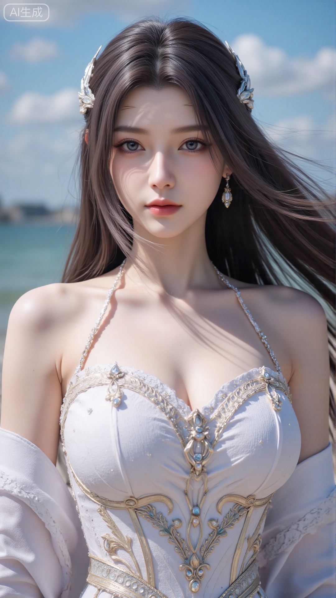 Very detailed face, extremely detailed eyes and face, blue eyes, (vacuum), 8K wallpaper, light leak, beautiful and detailed girl, extremely detailed CGUnity8K wallpaper, an extremely detailed and beautiful, beautiful and detailed eyes, masterpiece, best quality, Real photo level, (frontal shooting panoramic perspective), ( (Full body photo)), dynamic angle, dynamic pose, solo, ancient style silver hairpin with petals, blue sky and white clouds, (C cup), (huge round breasts), slender legs, super good figure, stunning beauty, (whole body in the mirror) , (wearing Lolita nightgown), (light reflects the shadow of the body through the clothes),vacuum,bare and smooth